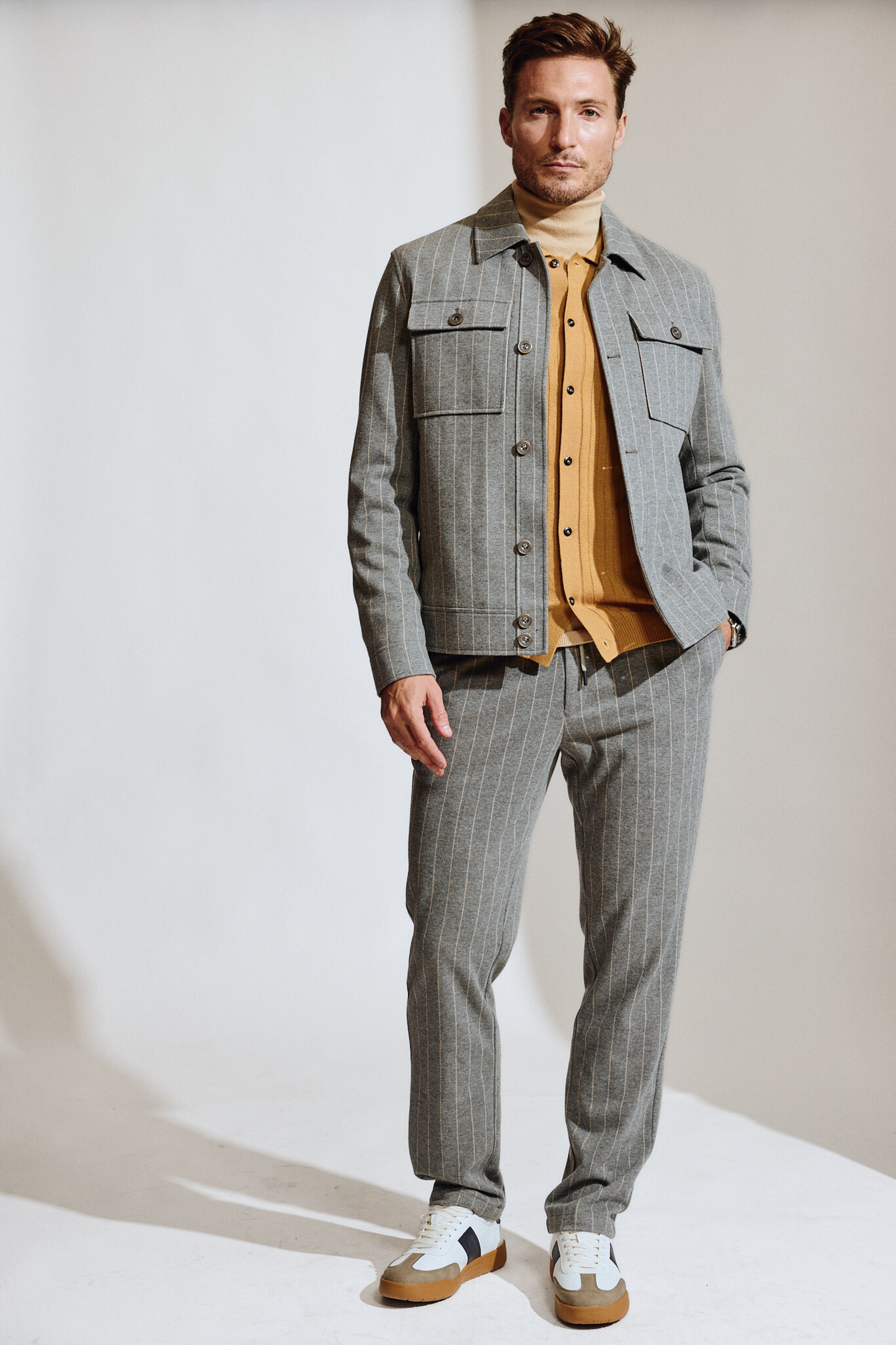 Hilo Button Jacket - LT Grey Tan Pinstripe