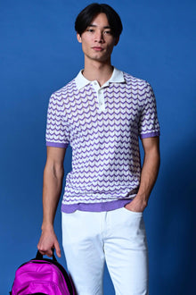  3 Button Chevron Polo - White & Lilac Zig Zag