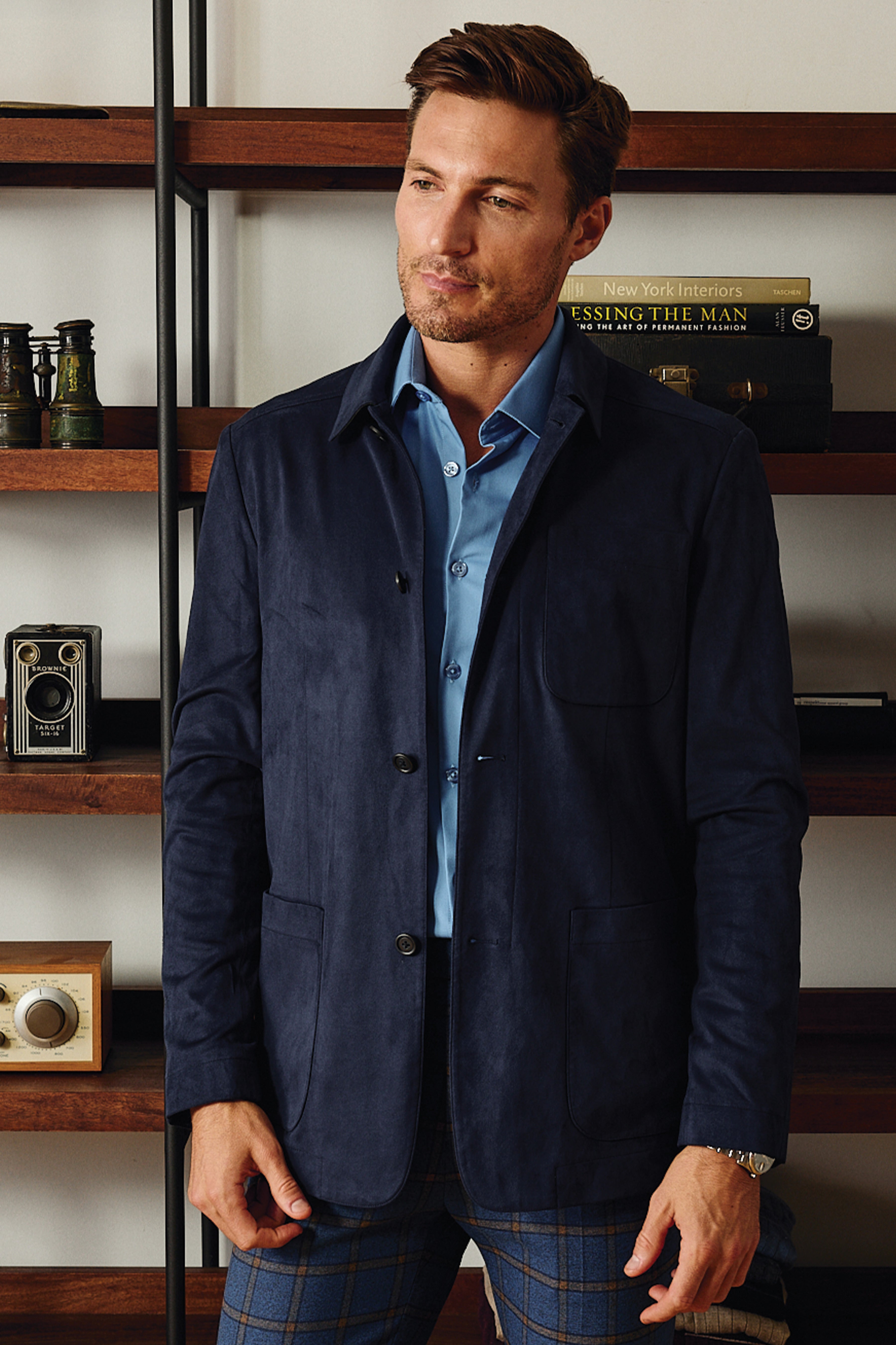 New City Button Up Jacket - Navy Blue Microsuede