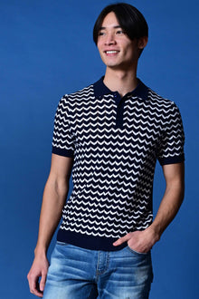  3 Button Chevron Polo - Navy & White Zig Zag