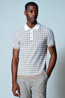  3 Button Chevron Polo - White & Tan Zig Zag