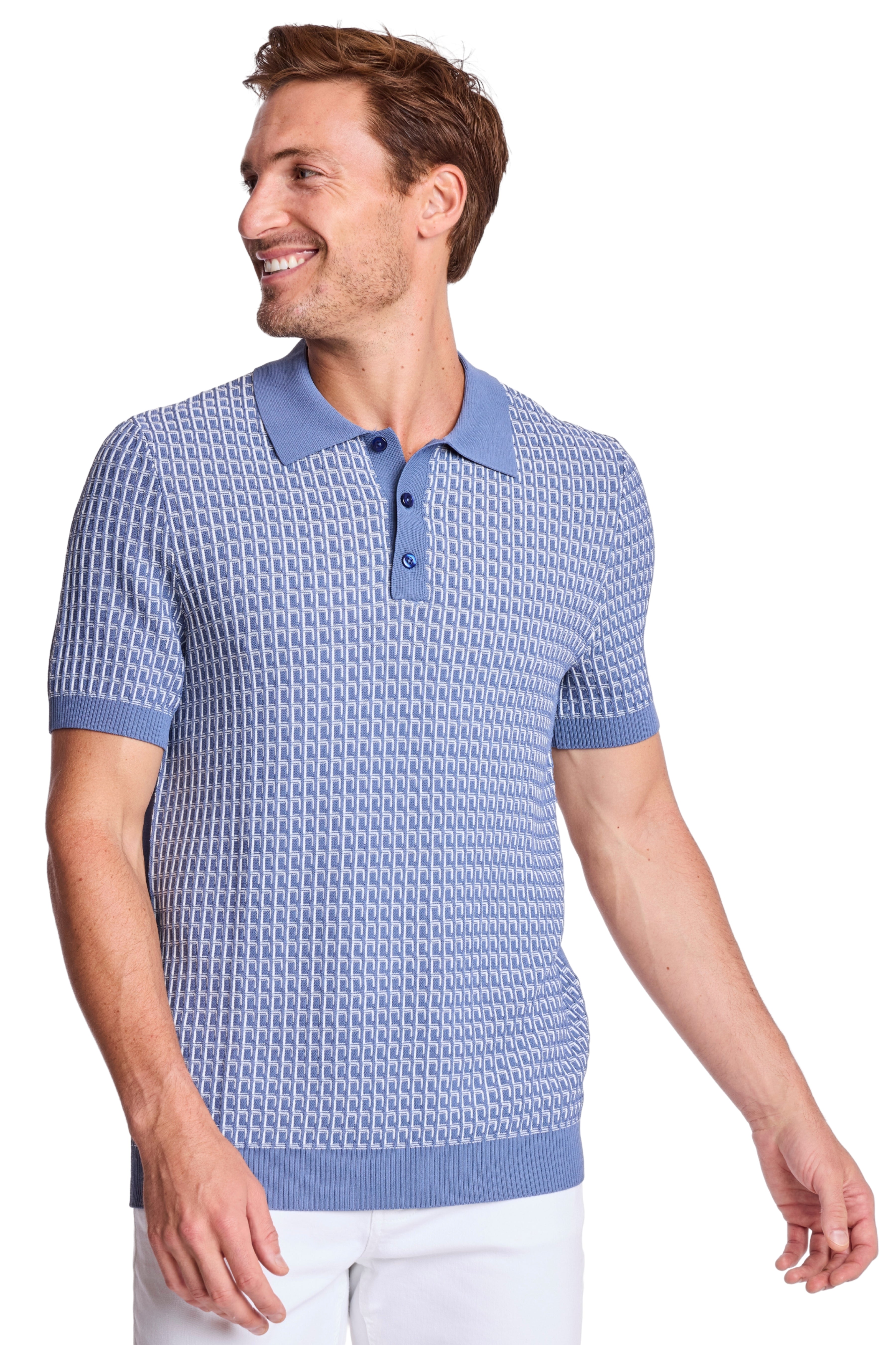 3 Button Polo - Dusty Blue & White