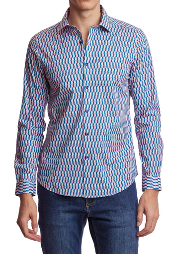 Samuel Spread Collar Shirt - Pink Indigo Wht Geo