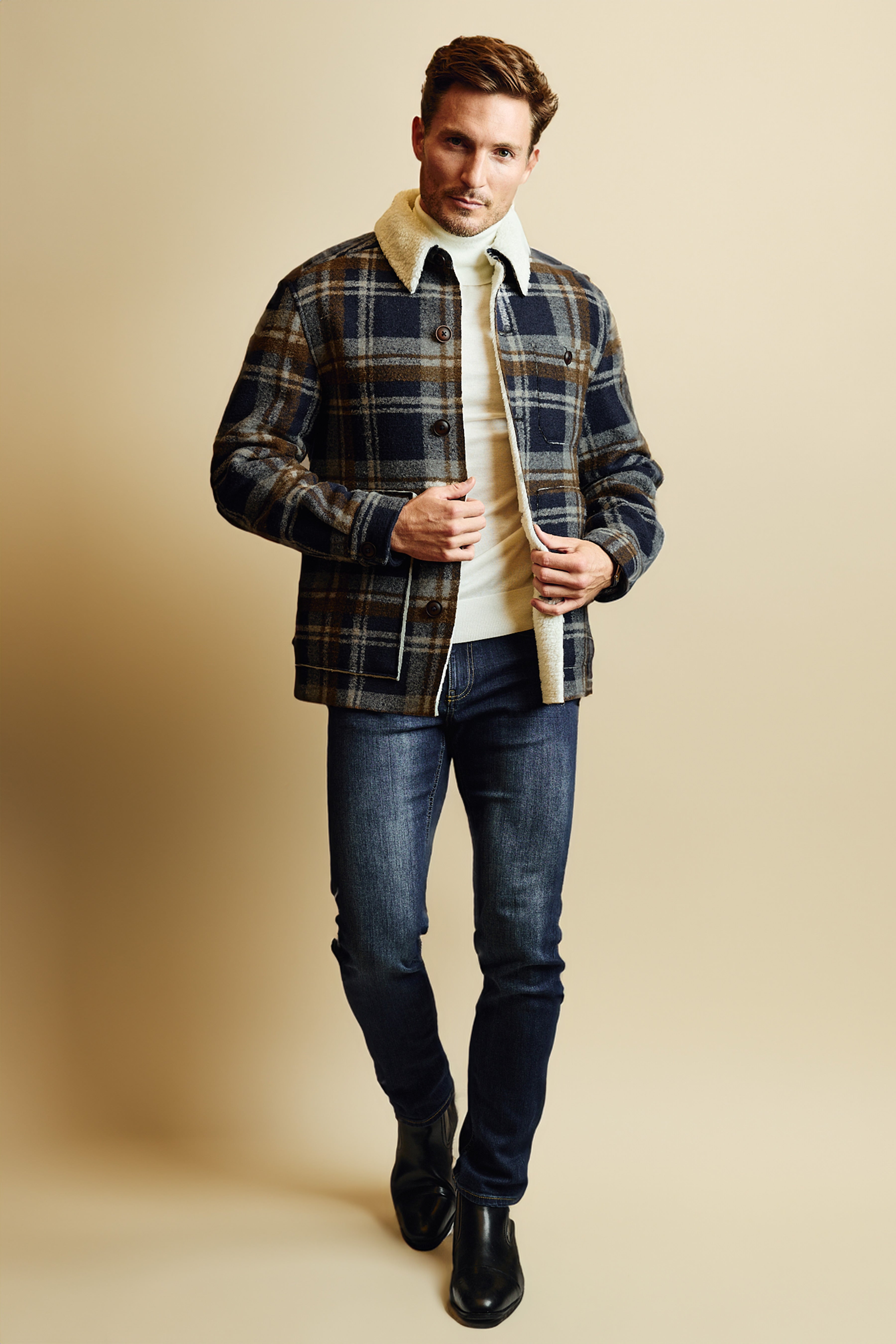 Barn Coat with Raw Edges - Navy Plaid Sherpa