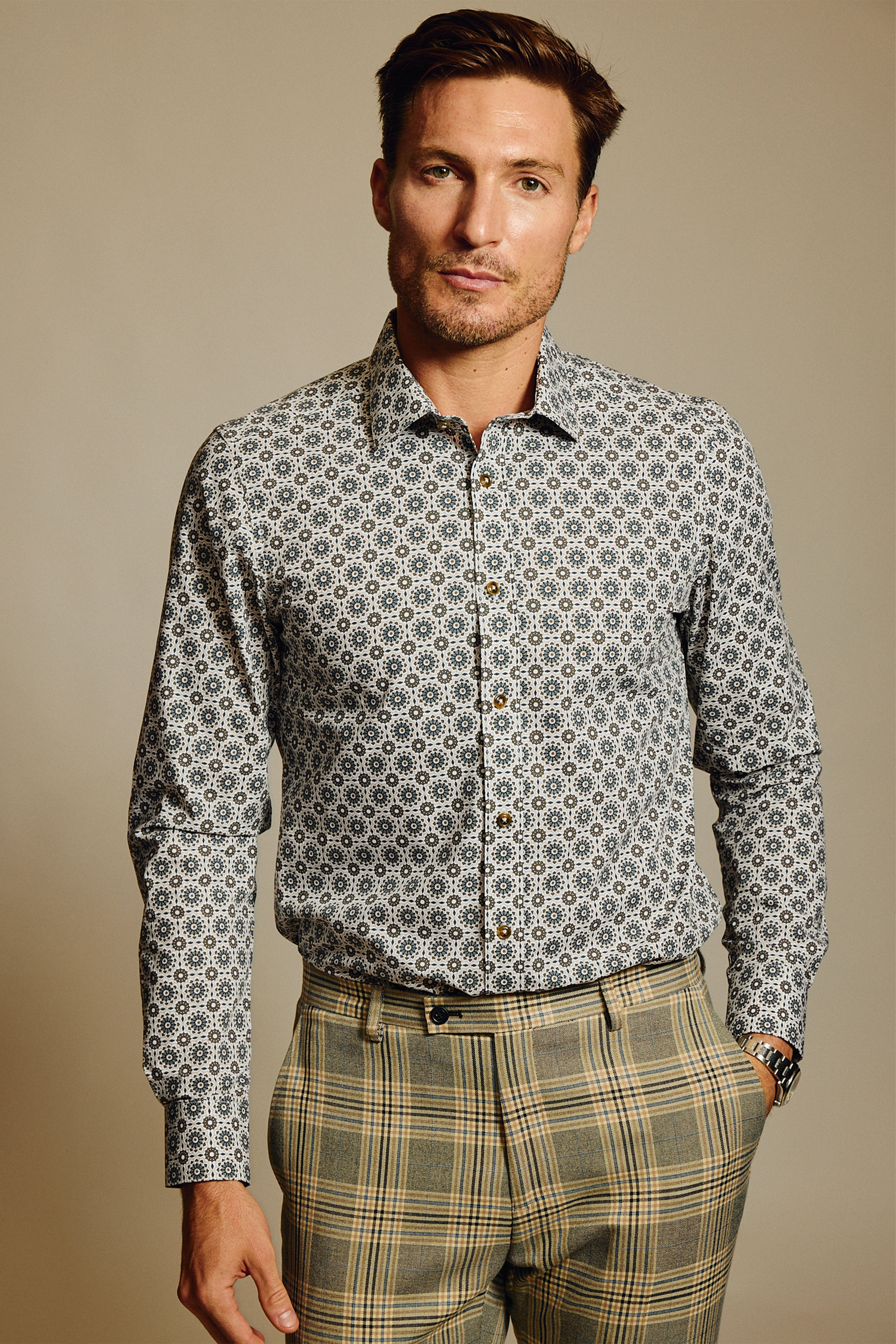 Samuel Spread Collar Shirt - Brown & Blue Geometric