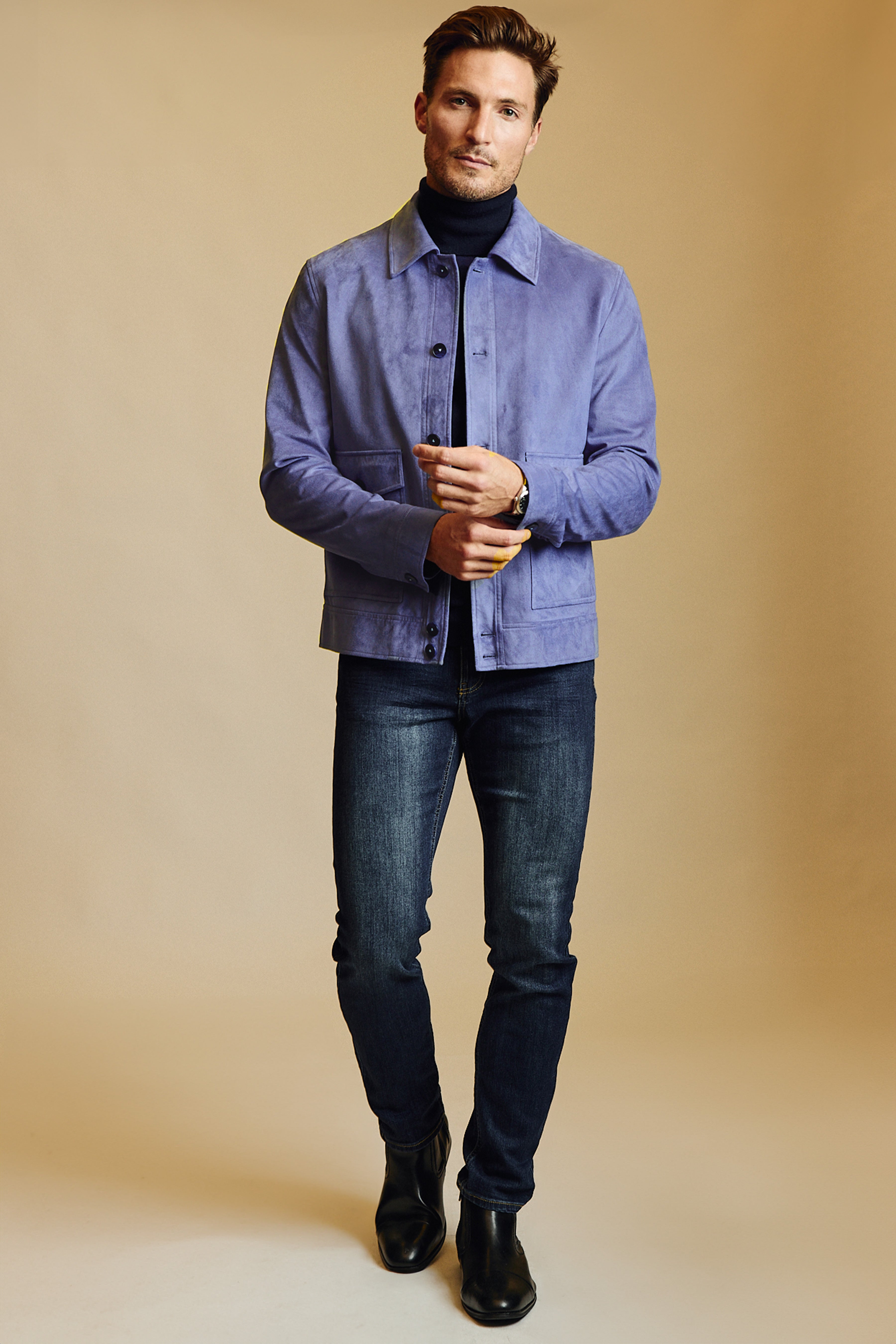 Milo Buttoned Bomber Jacket  - slim - Soft Blue Micro Suede